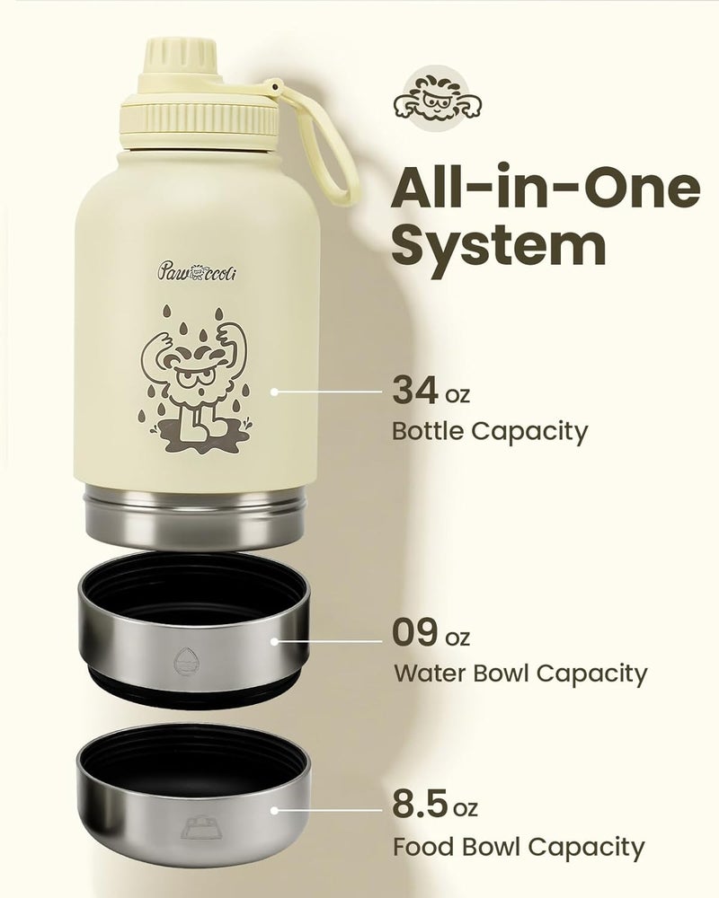 Pawccoli 34oz Dog Water Bottle, Stainless Steel Dog Water Bottle Dispenser with Detachable Food & Water Bowls, Keeps Water Hot/Cold, for Walking, Hiking, Camping(Cream) - Image 2
